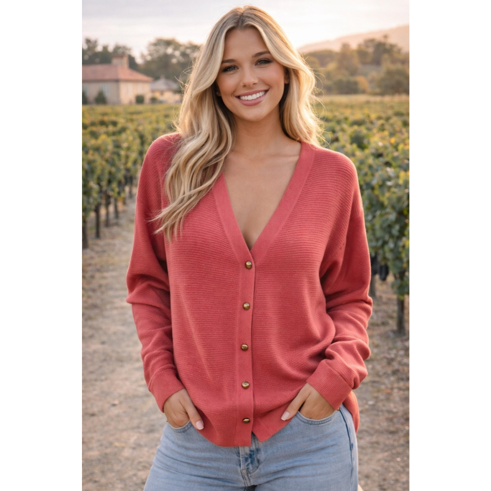 Tahari Petite Ribbed Button Front Cardigan Coral Soft Classic Buttery Soft PM
